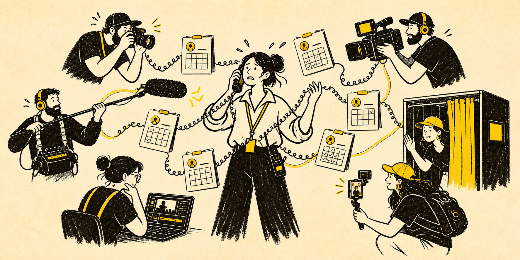 An overwhelmed event host coordinating separate media suppliers
